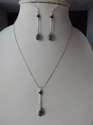 925 Silver Set Neckelace & Earrings With Tanzanite & Sapphire Gems + 17  Chain • $36.82