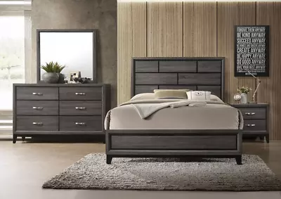 NEW Modern Gray Queen King Full Twin 4PC Bedroom Set Rustic Furniture Bed/D/M/N • $979.99