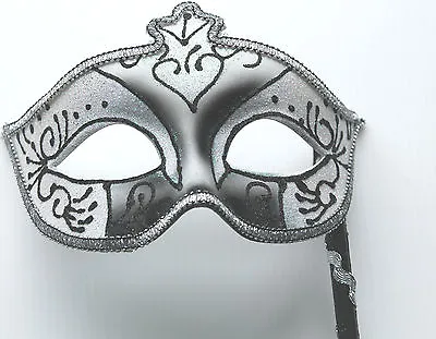 Venetian Masquerade Ball Mask With A Hand Held Stick Silver Grey & Frosted White • £9.99