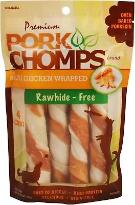 Pork Chomps Baked Pork Skin Dog Chews 6-inch Twists Real Chicken Wrap 4 Count • $15.20