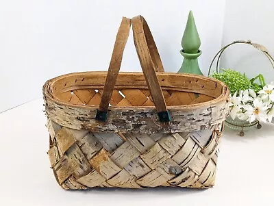 Vtg Flower Gathering Basket Woven Birch Bark With Handles Cabin Farmhouse Decor  • $59.99