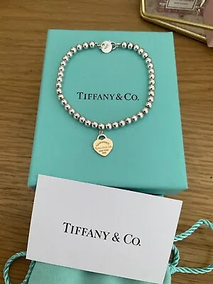 Genuine Tiffany & Co 18ct Rose Gold Heart Charm Beaded Sterling Silver Bracelet • £350