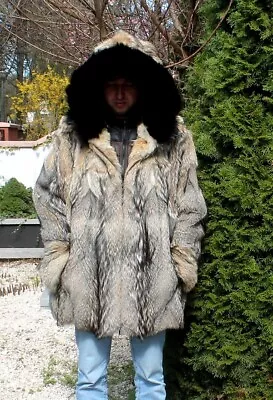 Men's 100% Real Coyote  Fur Coat Jacket With Hood Coat Outwear 2XL/3XL • $890