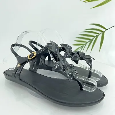 Melissa Solar Hawaii Women's Sandal Size 9 Black Jelly Slingback Thong Floral • $39.95