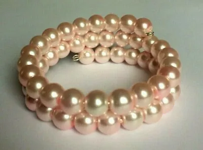 Baby Pink Coloured Glass Pearl Round Bead 2 Coil Memory Wire Bracelet. • £2.99
