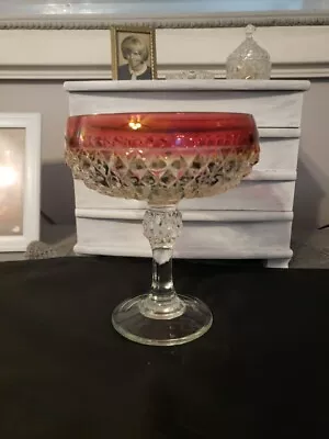 Vintage Indiana Glass Diamond Point Ruby Flash Compote Candy Dish 7.25  Tall • $15