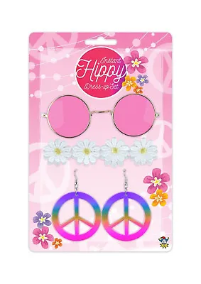 Pink Hippy Fancy Dress 4 Piece Party Costume Set 1970s 1980s Hippie Accessories  • £6.25