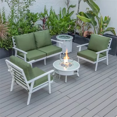 LeisureMod Walbrooke White Aluminum Patio Sofa Set Round Fire Pit Green • $3260.77