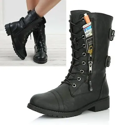 Womens Lace Up Buckle New Combat Military Boots Fashion Biker Medium Boot • $35.99