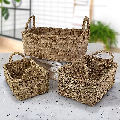 3 Large Seagrass Baskets Rectangle Storage Bathroom Wicker Hamper Wardrobe Shelf • £19.99