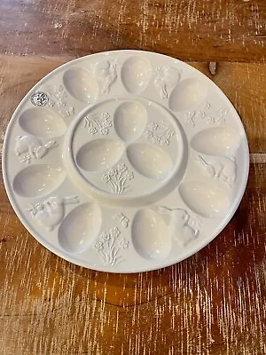 White Cream Bunny Rabbit Bordallo Pinheiro Deviled Egg Plate Platter Majolica • $82