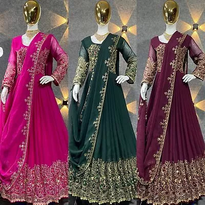 Gown With Dupatta Indian Pakistani Style Georgette Fabric Party Wear Dress • $75.21