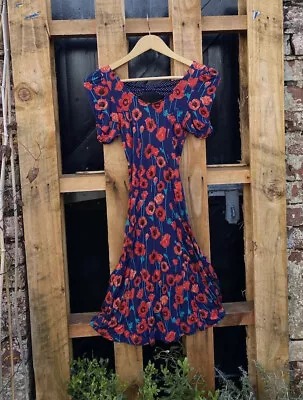 Miss Selfridge Blue Floral Red Poppy 50s Style Dress Size 8 • £12