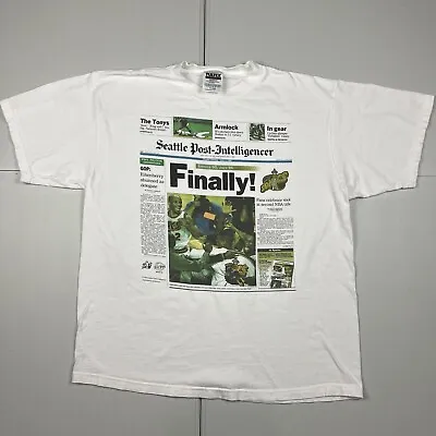 Vintage 90s Seattle SuperSonics Sonics Newspaper Article T Shirt White XL NBA • $74.99