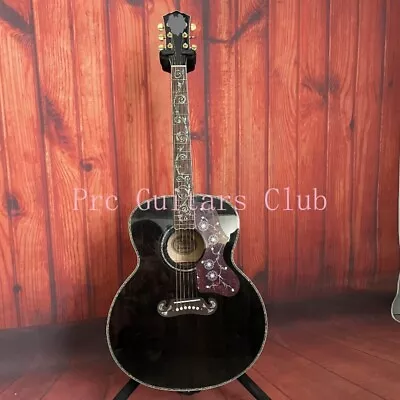 Factory Custom Black Acoustic Guitar Back Flamed Maple Top Vine Fretboard Inlay • $379.05