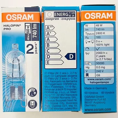 £3.45 • Buy Osram 230v 48w=60w Halopin G9 PRO 740 Lumen 66748