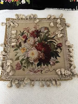 Vintage Handmade Wool Needlepoint Flower Pillow With Tassels 15  X 15 NEW • $79