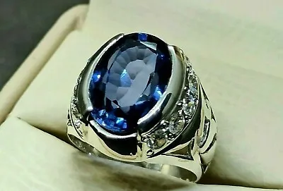 Men's 3CT 14K White Gold Plated Oval Cut Blue Lab Created Sapphire Diamond Ring • $122.49