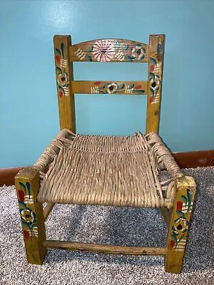 Vintage Folk Art Wooden Children's Chair Hand Painted Yellow Rush Straw Seat • $33.99