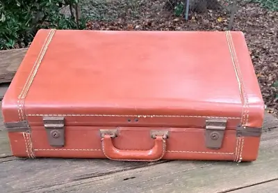 Vintage Brown Hard Case Leather Stitching Suitcase Carry On Luggage Decor Table • $45