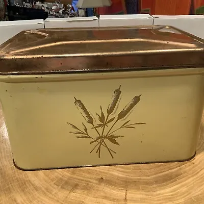 $3.75 • Buy Vintage Antique Tin Bread Box Copper Lid Cattails 