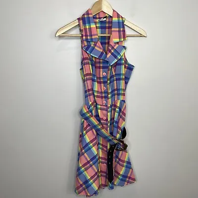 NIKKI & CO Vintage 80s Madras Plaid Sleeve Button Up Dress Belt S Retro Vintage • $29.95