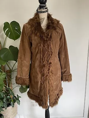 Vintage Y2k 2000s Brown Fur Trim Velvet Penny Lane Afghan Style Coat Jacket Goth • $180