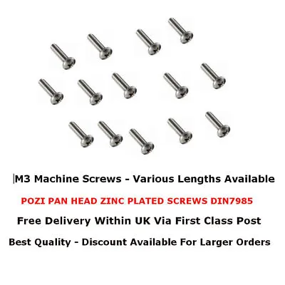 £0.99 • Buy M3 Pozi Pan Head Zinc Plated Machine Screw Drive Bolts Screws Din7985