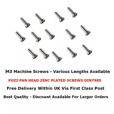 £0.99 • Buy M3 Pozi Pan Head Zinc Plated Machine Screw Drive Bolts Screws Din7985