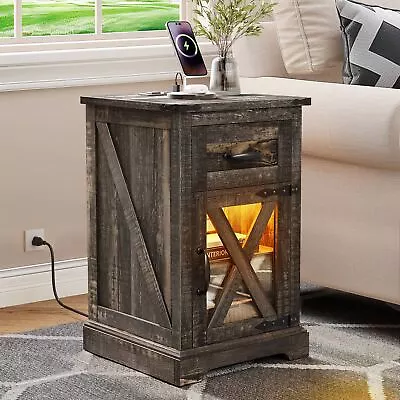 Farmhouse Nightstand With Charging Station Bedside Sofa End Table W/ LED Lights • $80.99