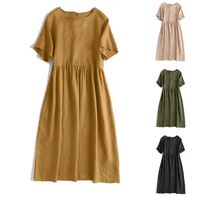 $30.20 • Buy Women Short Sleeve O Neck Casual Plain Loose Waist Holiday Beach Long Maxi Dress