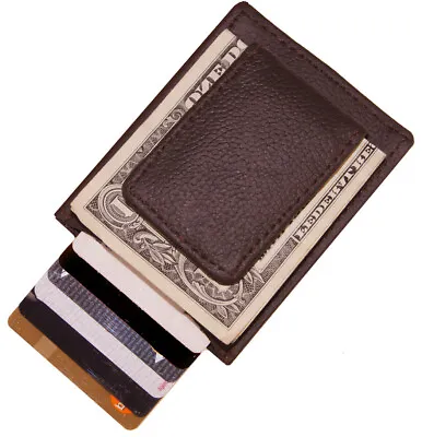 Brown Leather Strong Magnetic Money Clip Thin Front Pocket ID Badge Wallet • $14.23