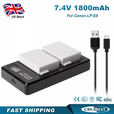 2x LP-E8 Battery& Charger For Canon EOS 550D 600D 700D 650D Rebel T2i T4i T5i • £23.91