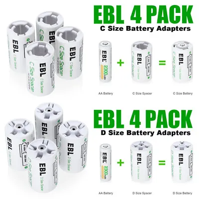 4Pcs EBL C D Size Battery Adapters AA To C D Size Battery Spacer Converter Case • $6.59