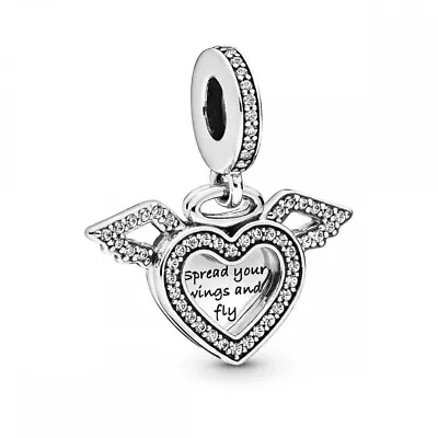 PANDORA Heart And Angel Wings Silver Dangle Charm - 798485C01 • £23.72