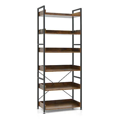 Bookshelf 6-Tier Open Display Shelves Storage Rack Metal Frame W/ 4 Hooks Rustic • $144.99
