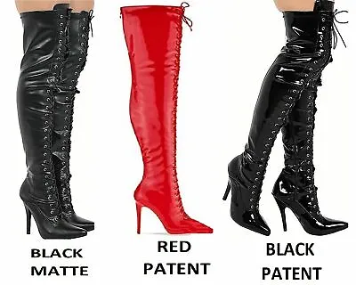 Mens Thigh High Over The Knee Fetish Boots Front Lace Stiletto Heel Sizes 9-12 • £39.99