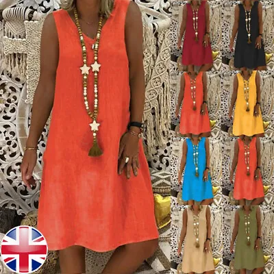 $15.23 • Buy Womens Loose Plus Size V-neck Cotton Tops Summer Beach Dress Vest Tank Linen AU