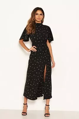 New Ax Paris Black Spotty Thigh Split Midi Dress Chic Sexy Party Wedding Look Uk • £35