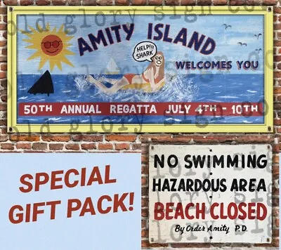 2 Nice JAWS Banners AMITY ISLAND Billboard & BEACH CLOSED Shark GRAFFITI Movie • $169.24