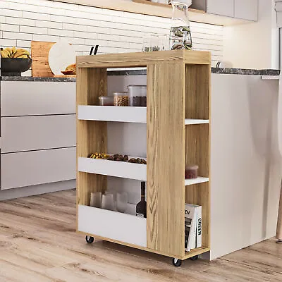 4 Tier Slim White & Oak Wooden Rolling Portable Kitchen Trolley Cart Veg Storage • £26.99