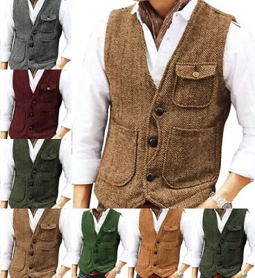 Mens Vintage Vests Wedding Cowboy Hunting Herringbone Waistcoat Large XL XXL 3XL • $25.19