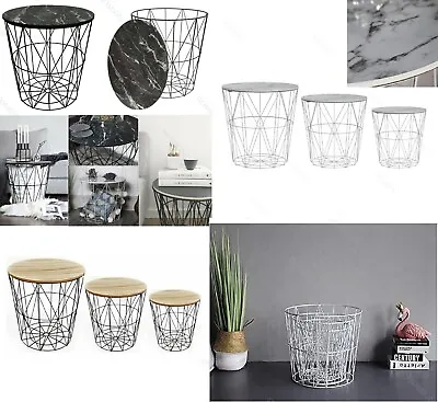 Wooden Top Round End Side Table Metal Wire Storage Cloth Basket Sofa Coffee Home • £19.49