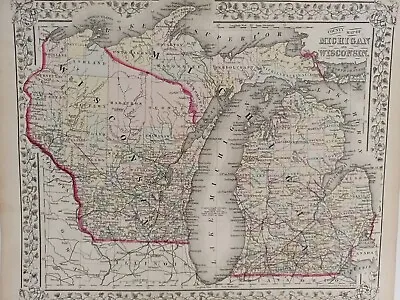 1873 Mitchell's Atlas Map Michigan And Wisconsin Authentic Hand-Colored 12 X 16  • $75