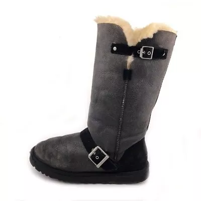 UGG Classic Tall Dylyn Bomber Black Leather Sheepskin Winter Boots Womens Size 8 • $95