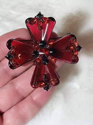 $115 • Buy Large Thick Japanned Metal Red Lucite Acrylic Maltese Cross Vintage Brooch Pin