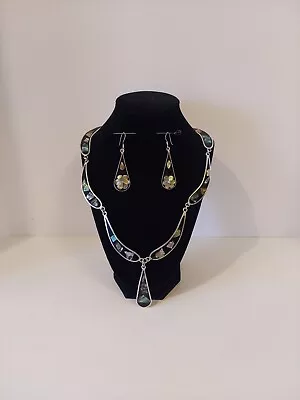 Vintage Alpaca Mexico Silver Abalone Segmented Necklace And Earrings Set • £64.30