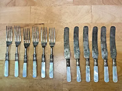 Vintage Etched Mother Of Pearl Silverware 12 Piece Fork And Knife Lot • $49.99