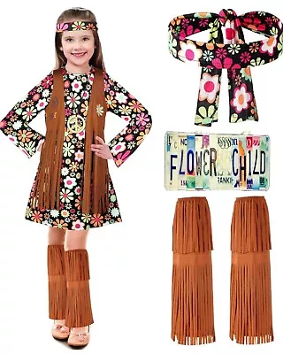 60s-70s Hippie Flower Child Dress Up Pretend Play Costume Girls XL Peace Fringe • $18.69