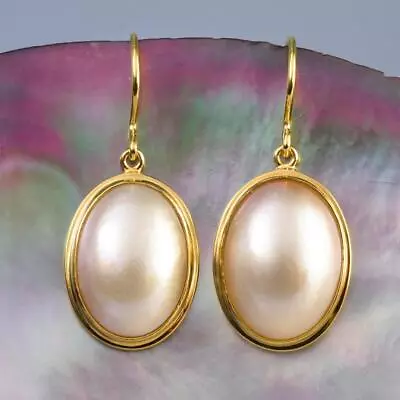 Earrings White Mabe Pearl Oval & 18K Gold Vermeil Over 925 Sterling Silver 7.90g • $72